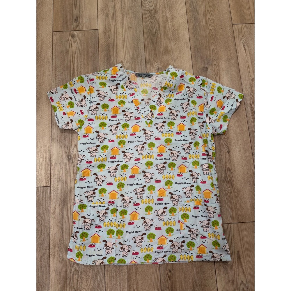 Wear For Care Doggie Bone Puppy Print‎ Scrub Top Blue V-Neck Medical Small